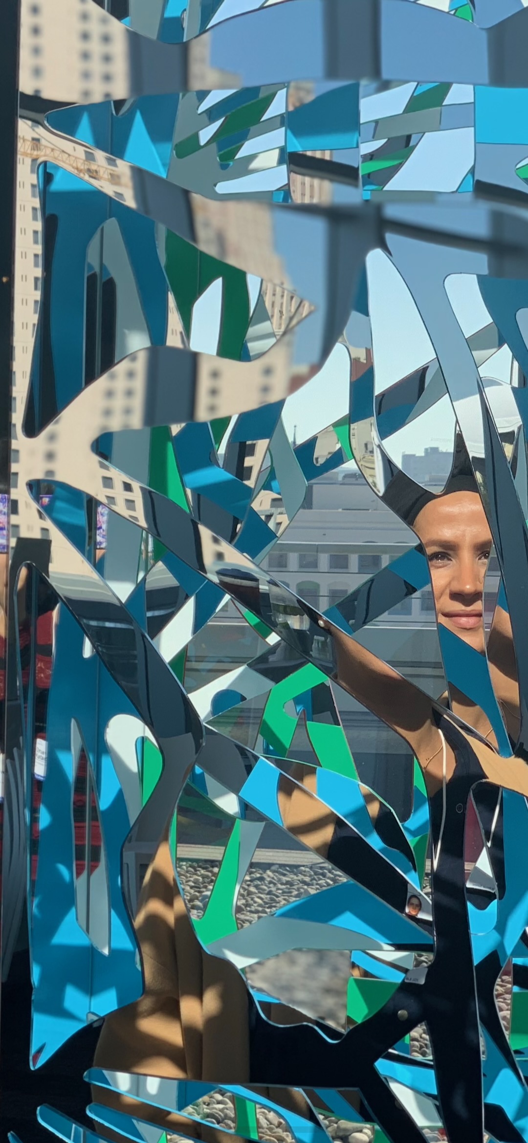 A tall blue and green Ambrosia panel reflecting city buildings, a woman's face appearing through the cutouts