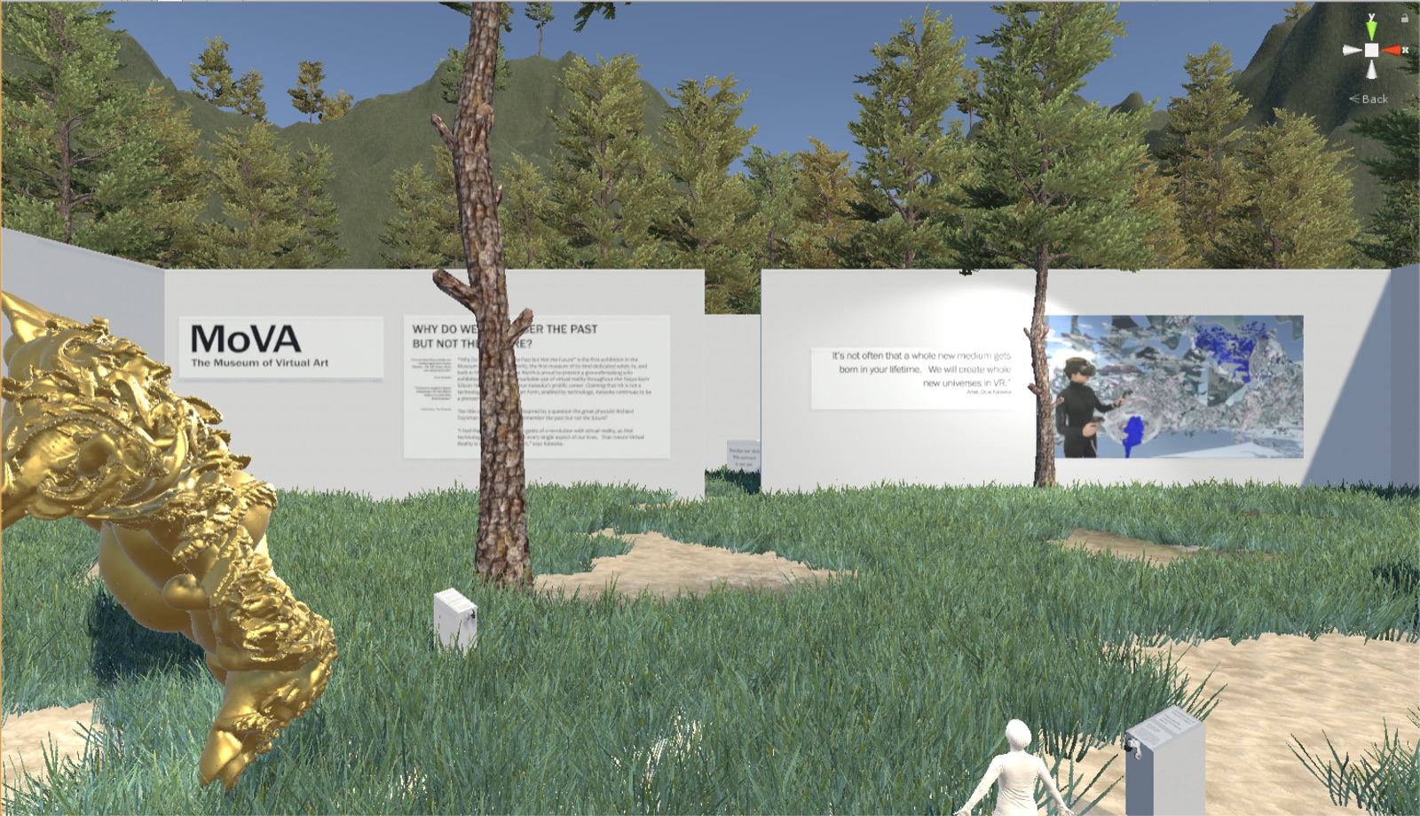MoVA, the Museum of Virtual Art — white gallery walls rising out of an endless virtual forest, with a gold sculpture in the foreground
