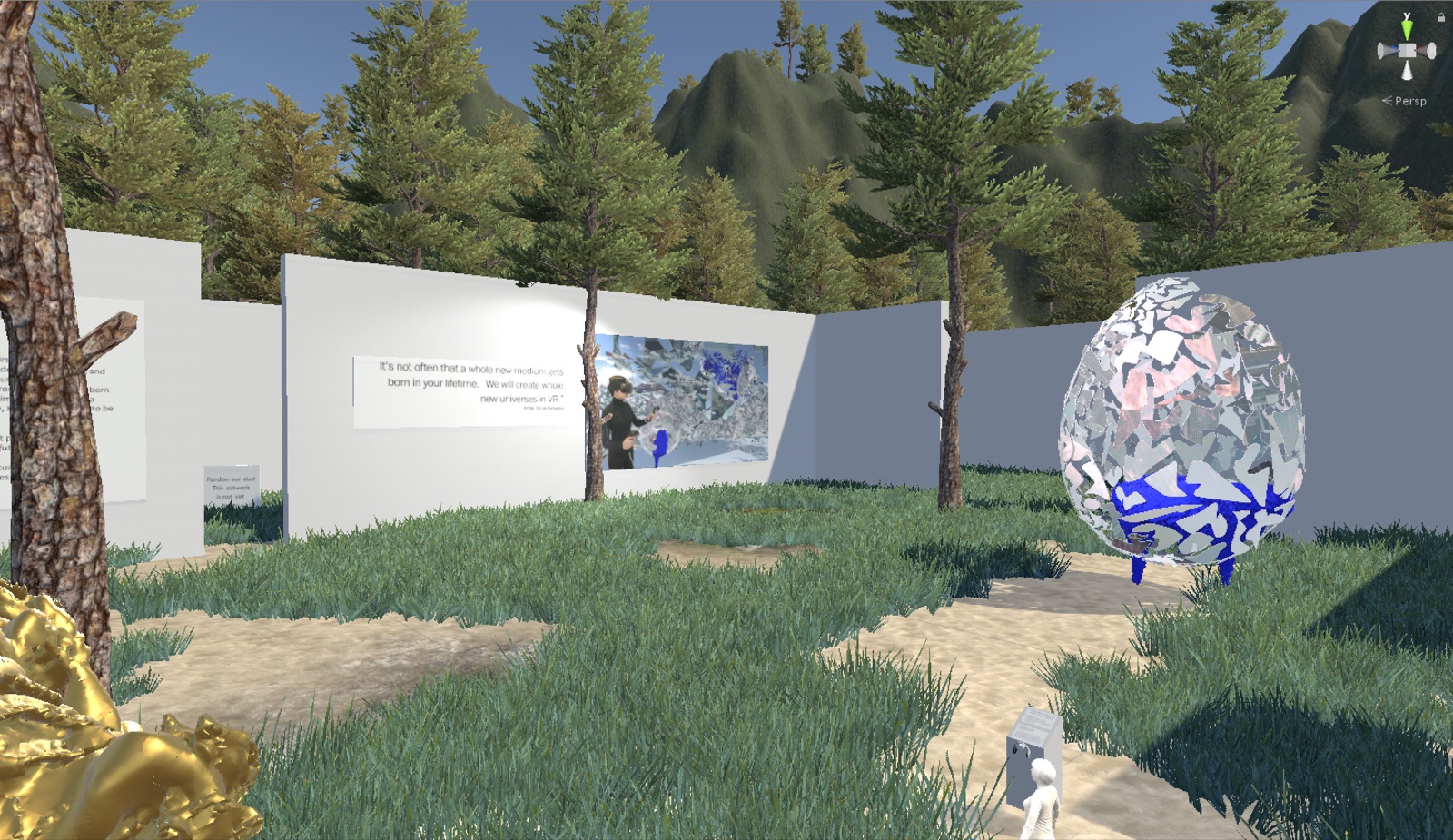 Ascension, a reflective fragment egg sculpture, standing on the grassy museum grounds