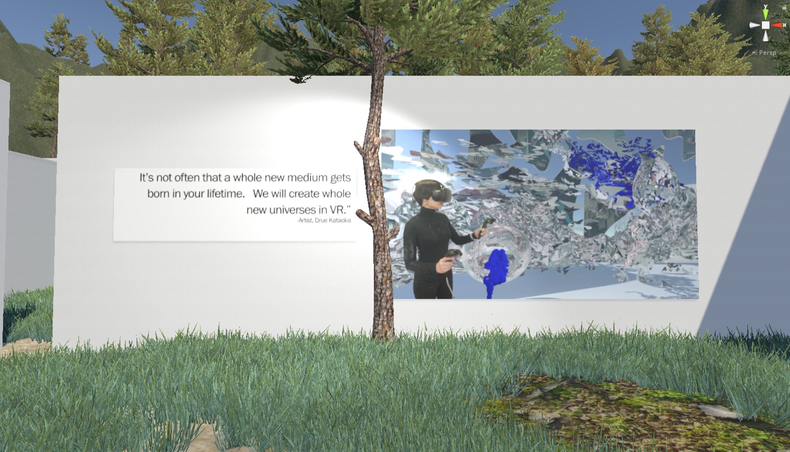 A wall work showing Drue painting in a VR headset, beside her quote about a whole new medium being born
