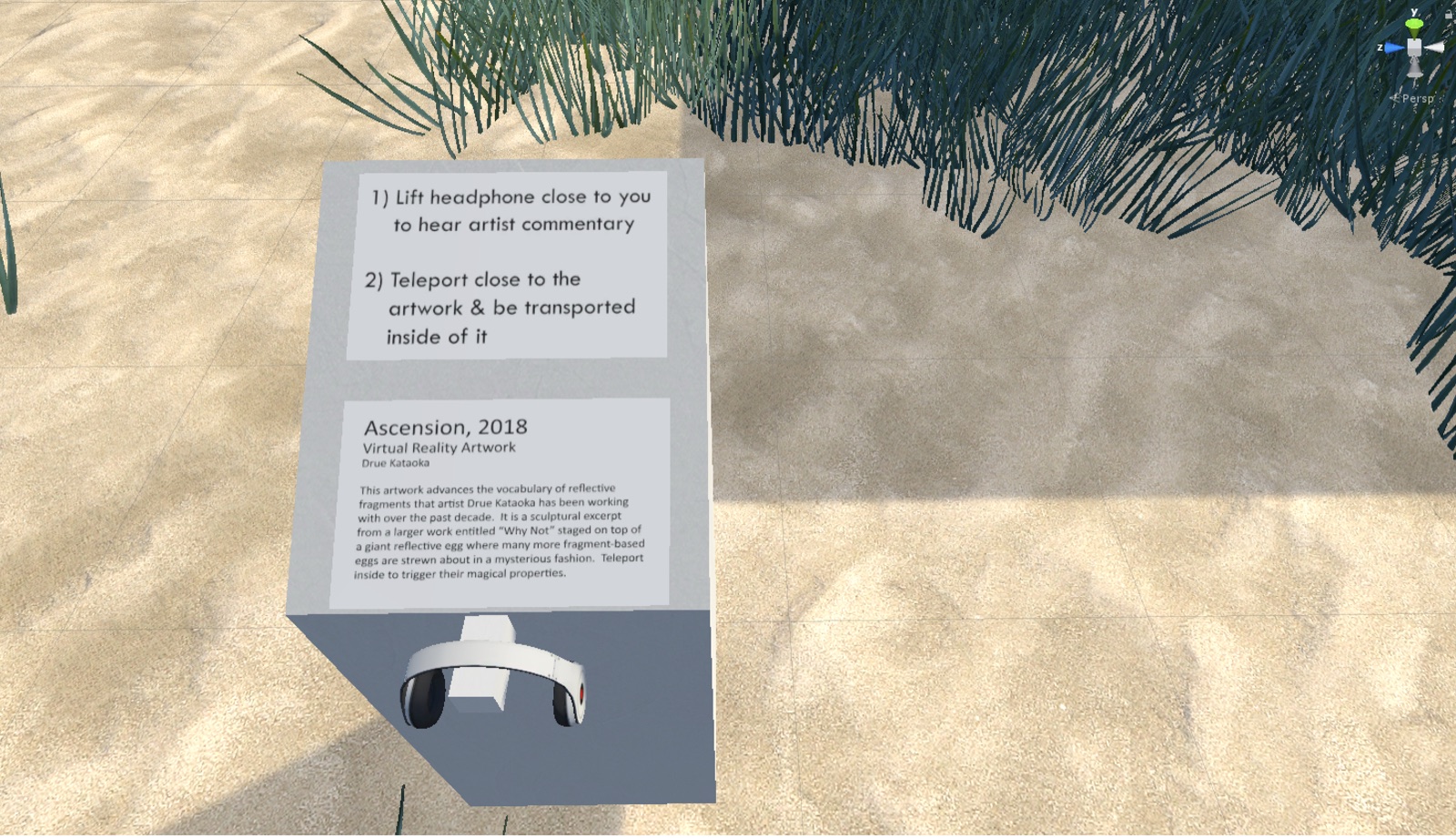 A MoVA wall label with virtual headphones offering artist commentary for Ascension, 2018