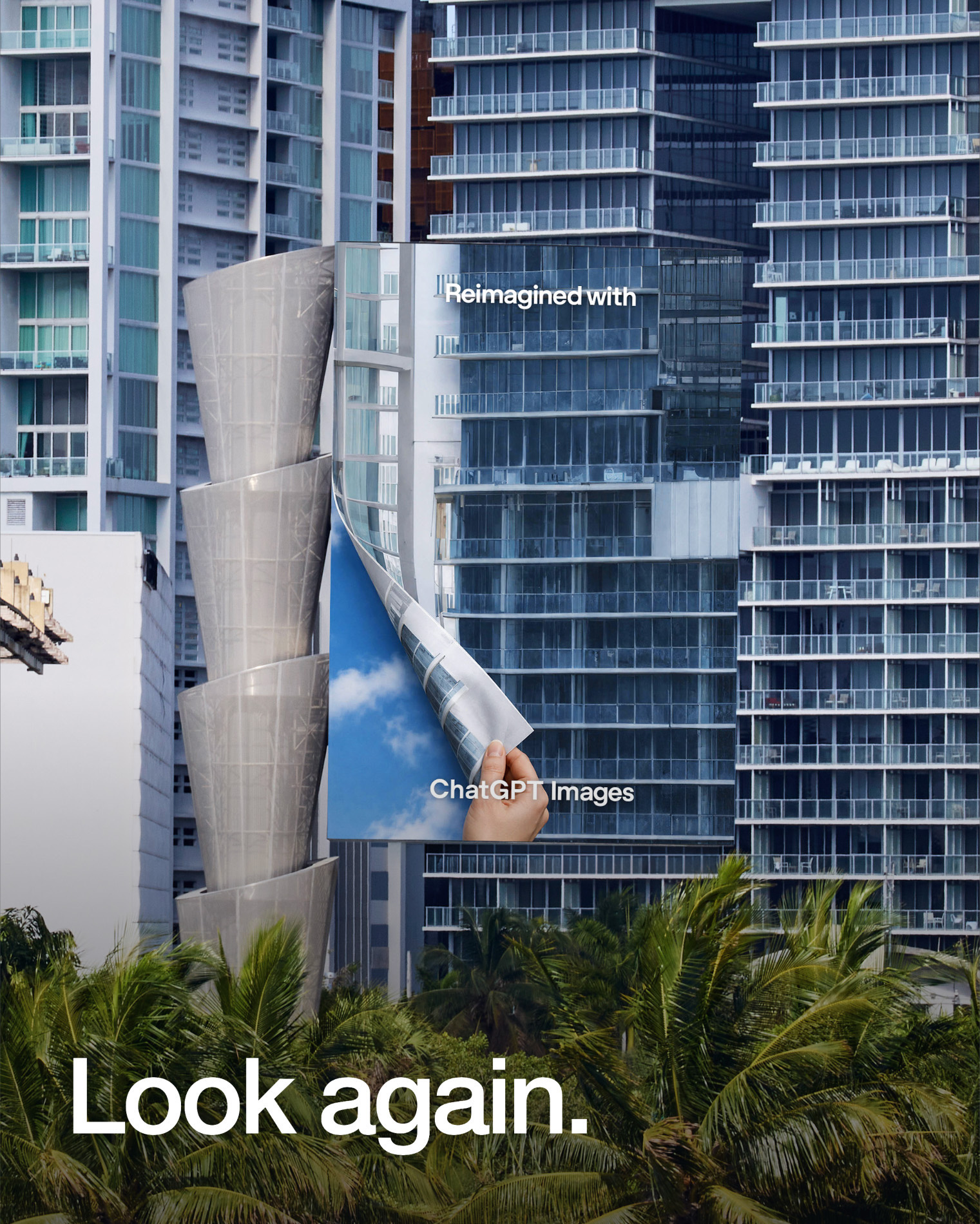 The Sky Peel billboard among Miami towers — a hand peels the glass facade back like paper to reveal blue sky, captioned 'Look again.'