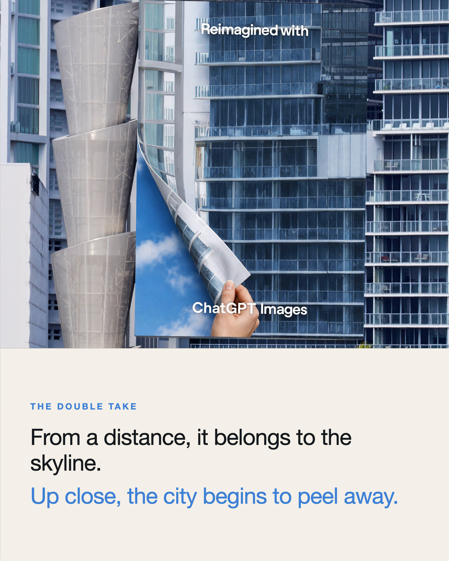 The Double Take — from a distance the billboard belongs to the skyline; up close, the city begins to peel away