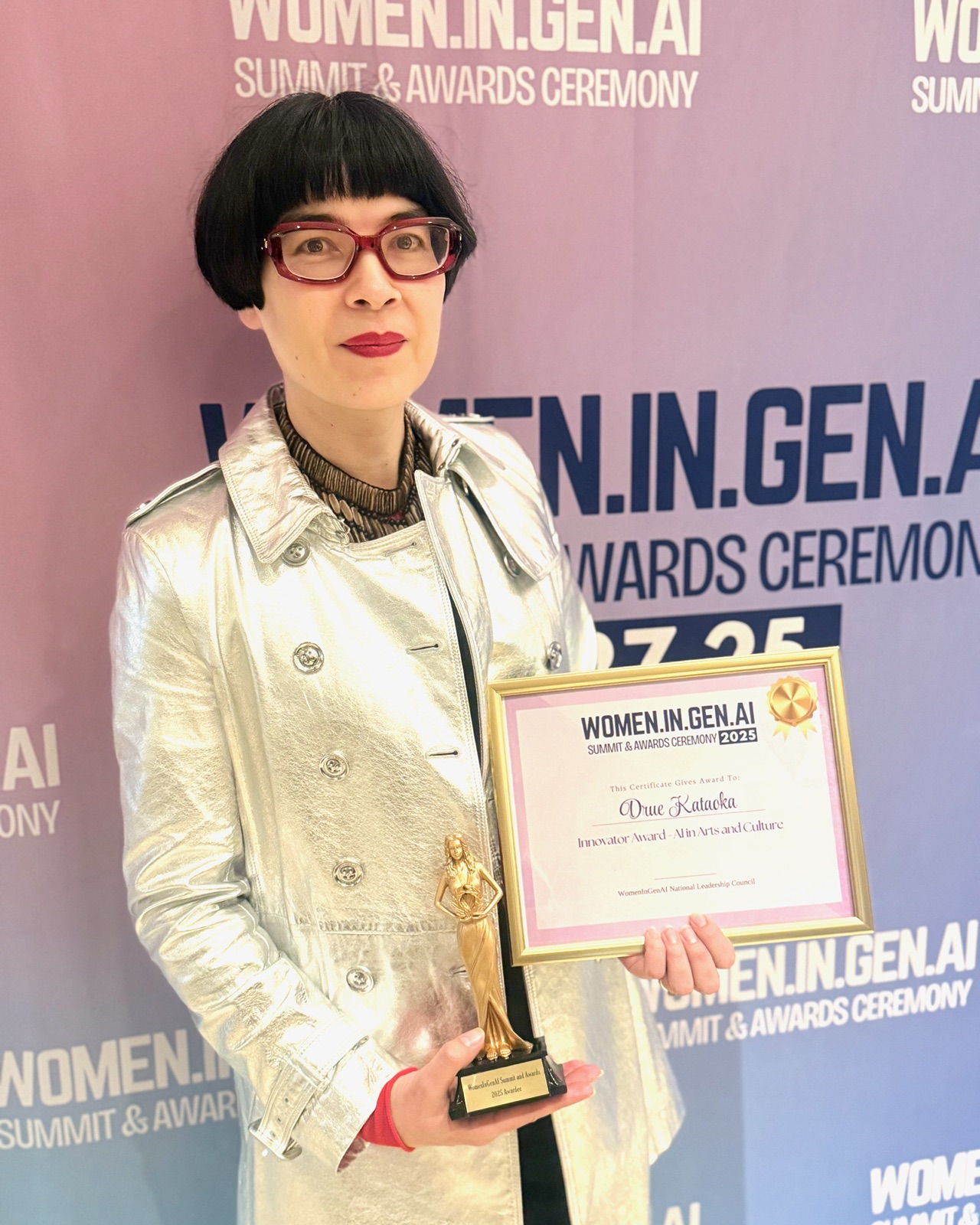 Drue Kataoka receiving the Women in GenAI Innovator Award for A.I. in Arts and Culture