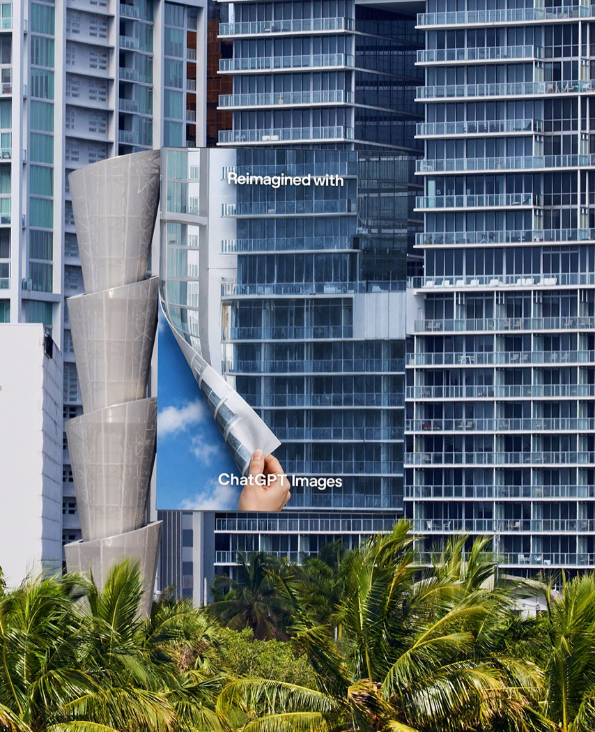 OpenAI billboard in Miami — a tower facade page-turning to reveal open sky, Reimagined with ChatGPT Images