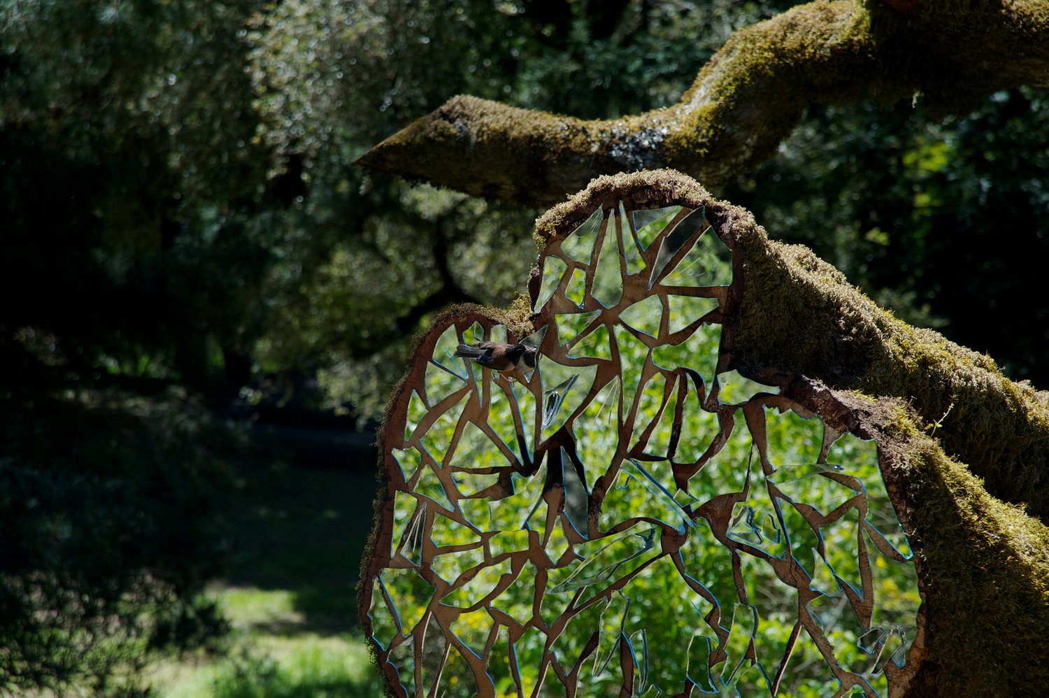 After the Celestial Axe — the mirror-fragment sculpture shining through the forest