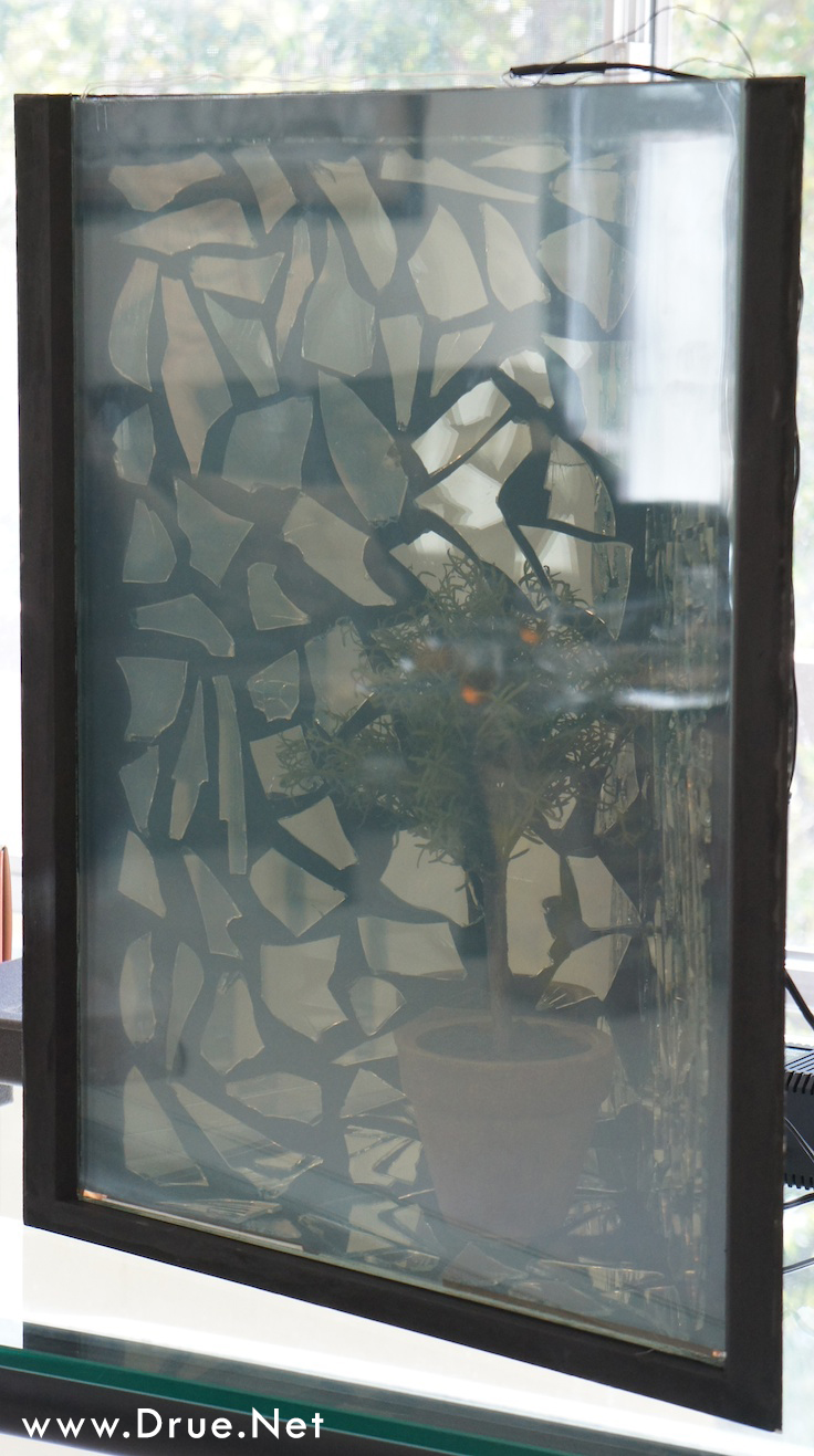 The young living tree inside the electrochromic glass box, behind a field of mirror fragments