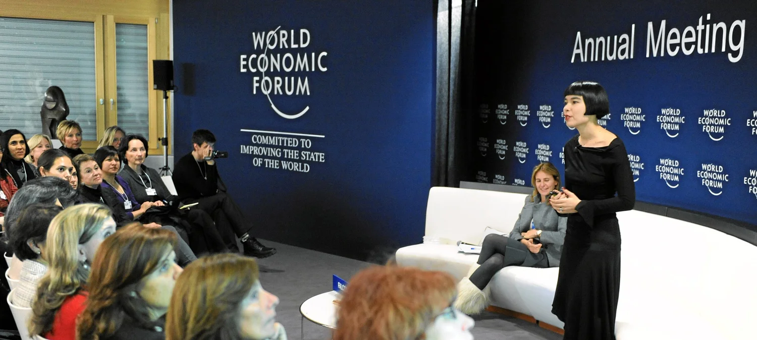 Drue Kataoka speaking to a seated audience at the World Economic Forum Annual Meeting in Davos