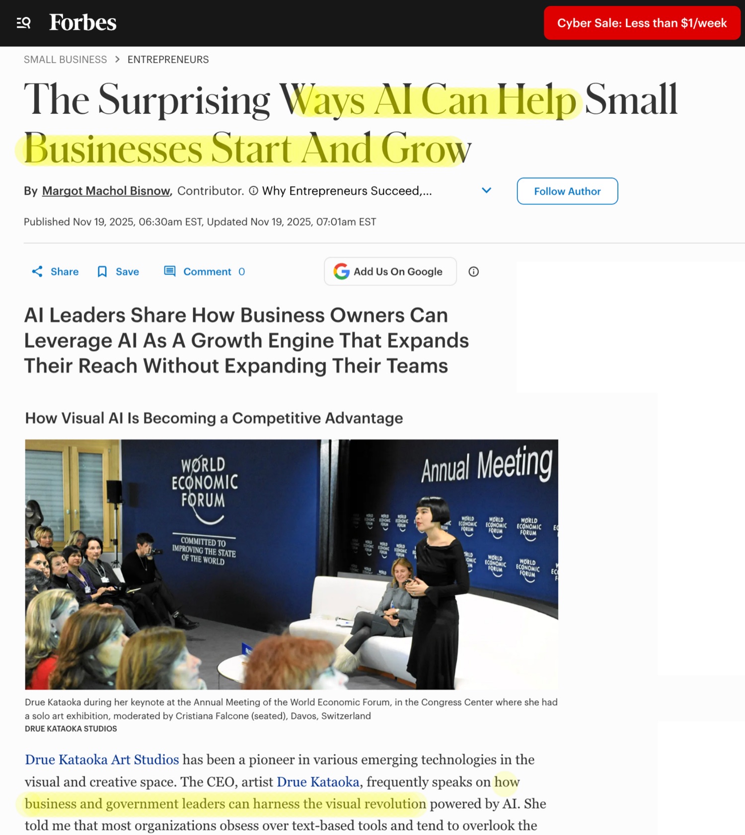 Forbes article, page 1 — “The Surprising Ways AI Can Help Small Businesses Start and Grow”