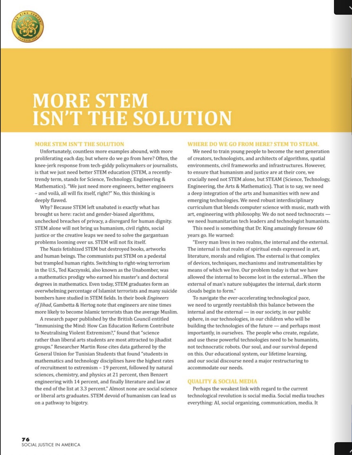Page from Drue Kataoka's essay in The King Center's Social Justice in America magazine, headlined 'More STEM Isn't the Solution'