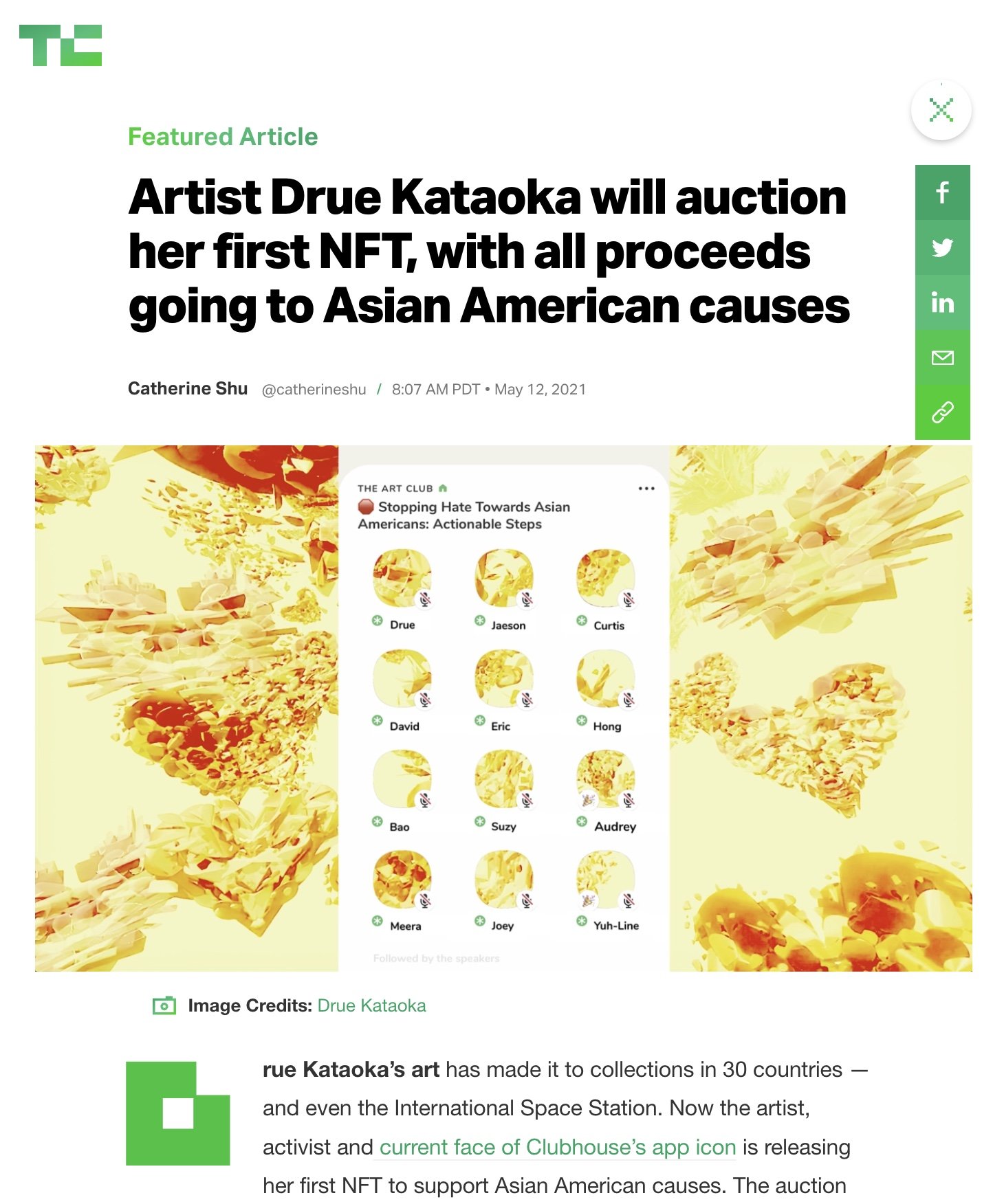 TechCrunch: Artist Drue Kataoka will auction her first NFT, with all proceeds going to Asian American causes