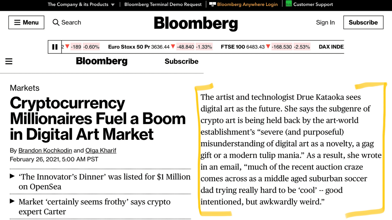 Bloomberg: Cryptocurrency Millionaires Fuel a Boom in Digital Art Market