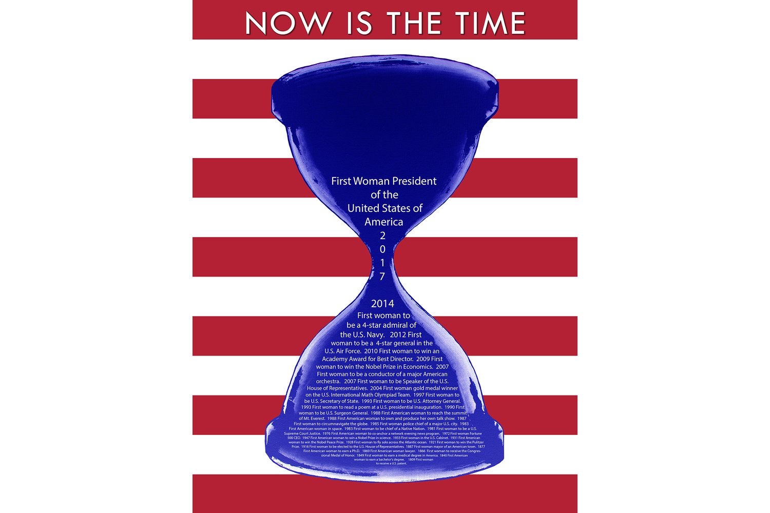 Now Is The Time by Drue Kataoka: the American flag reimagined as an hourglass of women's achievements and dates
