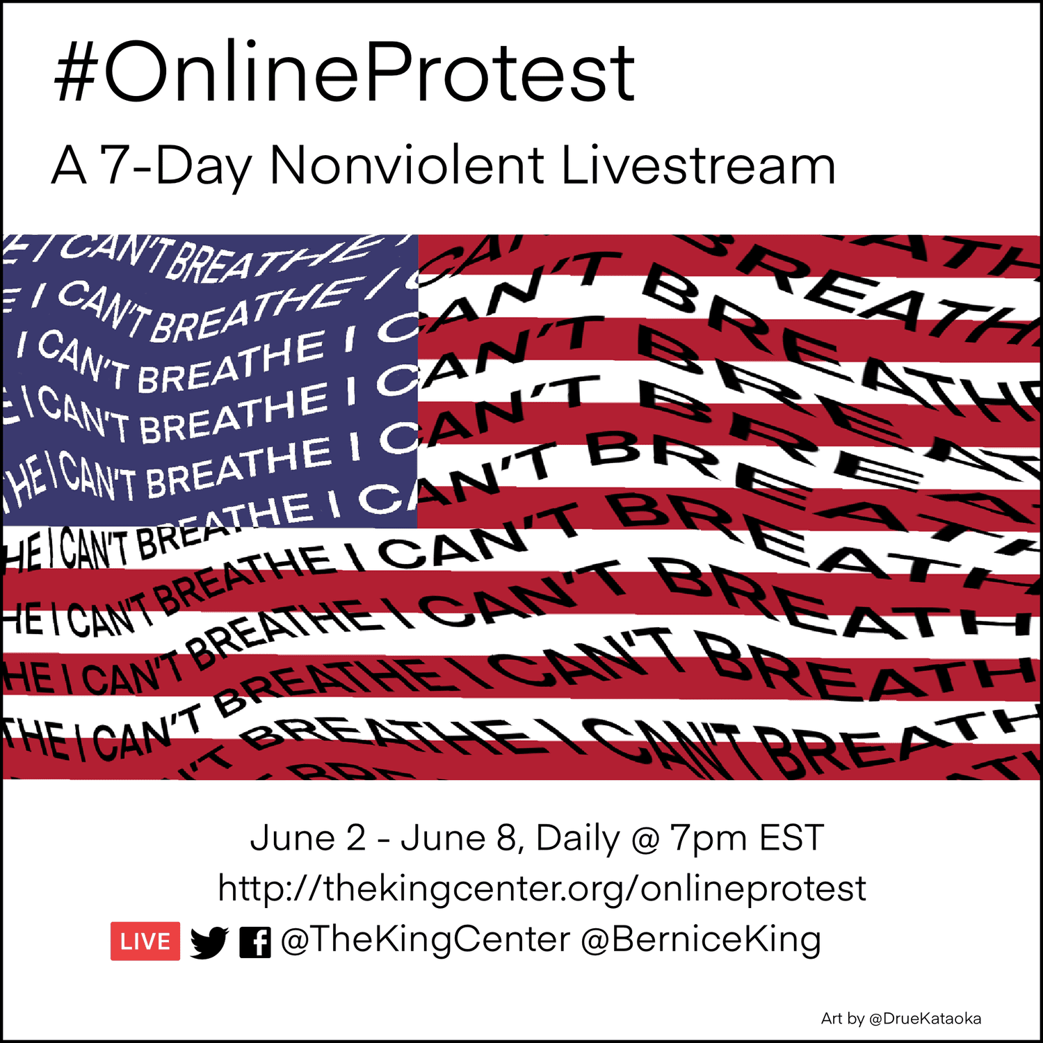 #OnlineProtest artwork by Drue Kataoka: the stars and stripes rippling with the final words of those killed by police brutality