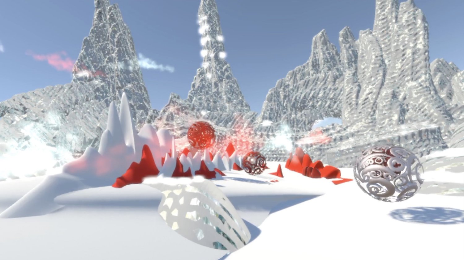 Broken Hearts — VR artwork: red hearts and carved spheres in a glacial virtual landscape
