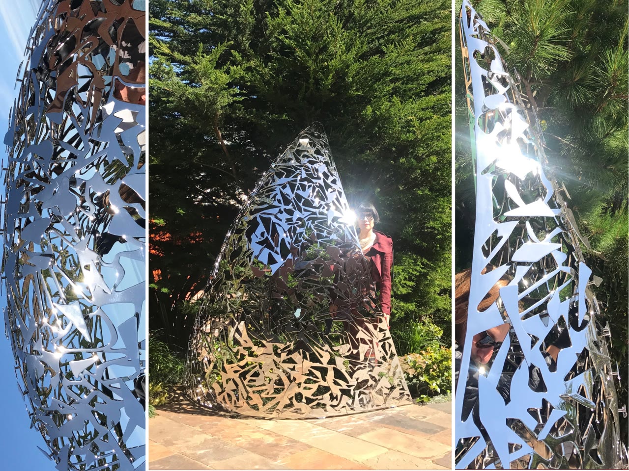 Sail — monumental mirror-polished stainless steel sculpture among trees, three views