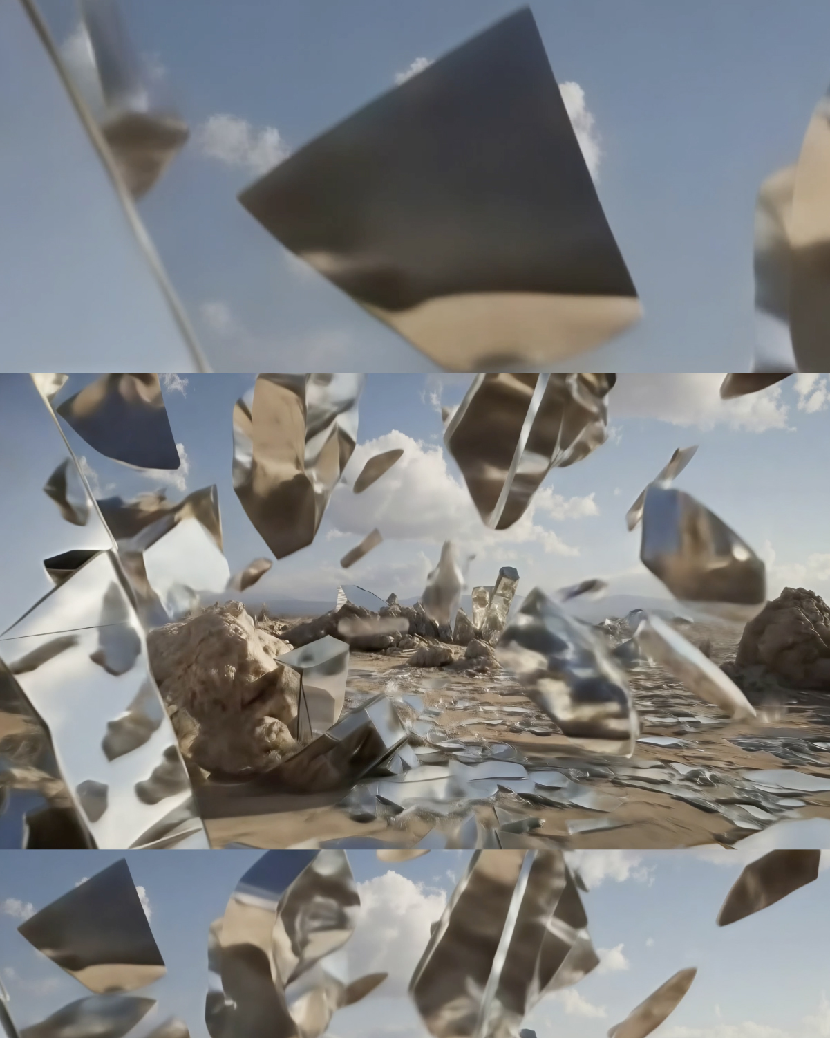 Sunny Day — A.I. artwork, mirror shards floating over a desert landscape
